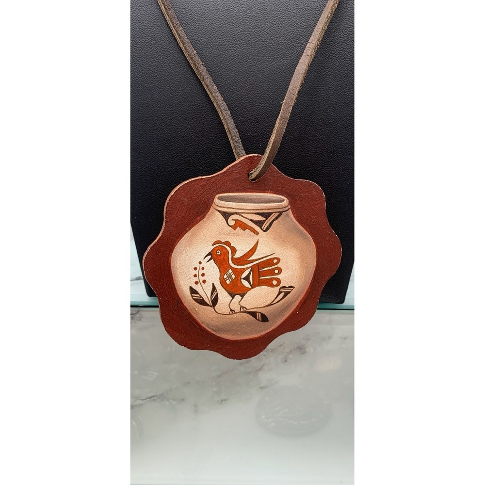 Native American Style Hand Painted Wood Pendant Leather Cord Signed By Artist
